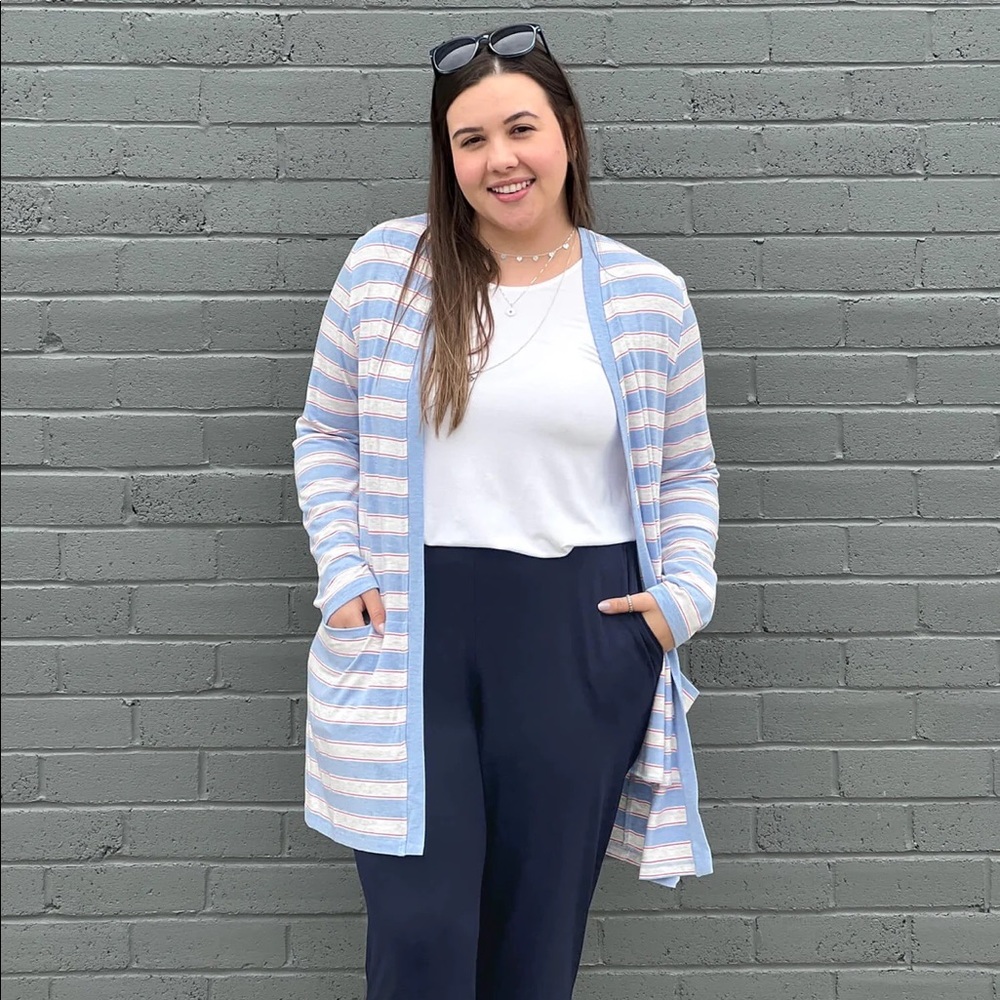 Miik Melanie classic cardigan with pockets in Denim Peony Stripe